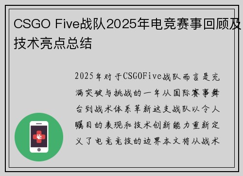 CSGO Five战队2025年电竞赛事回顾及技术亮点总结